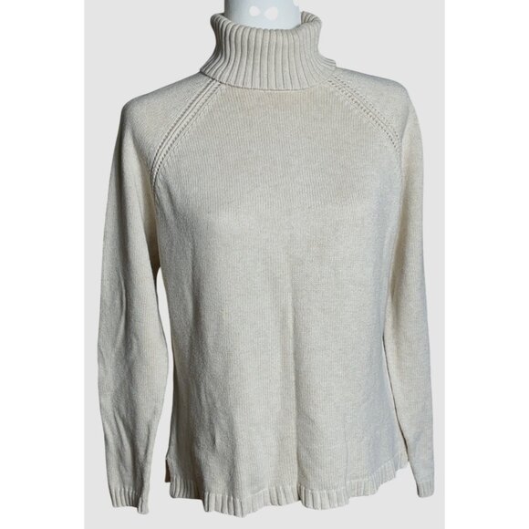 Jeanne Pierre Sweater Vtg Ecru Cotton Turtleneck Preppy Classic Cozy Womens M - Picture 1 of 8